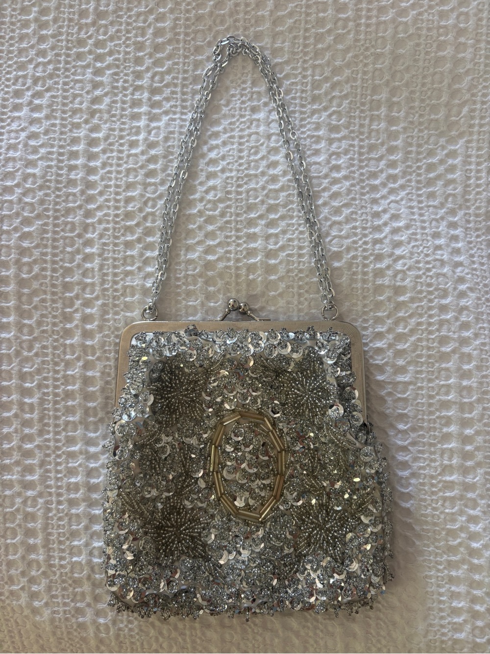 Walberg Silver Beaded Evening Handbag with Chain Strap